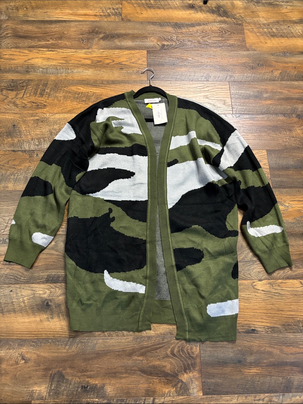 Open-Front Camouflage Cardigan Sweater - Olive/Black/Gray